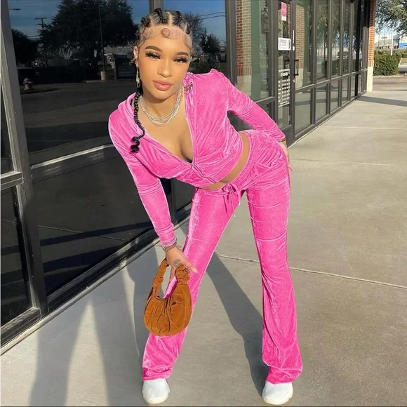 Pink Velour Velvet Women's Jumpsuit - Picture 4 of 11